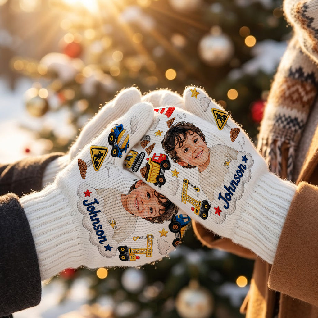 Kids Christmas Gloves, Custom Photo Embroidered Gloves with Name, Cute Winter Mittens, Unique Xmas Gift for Boys and Girls - Personalized Kid Knitted Mittens