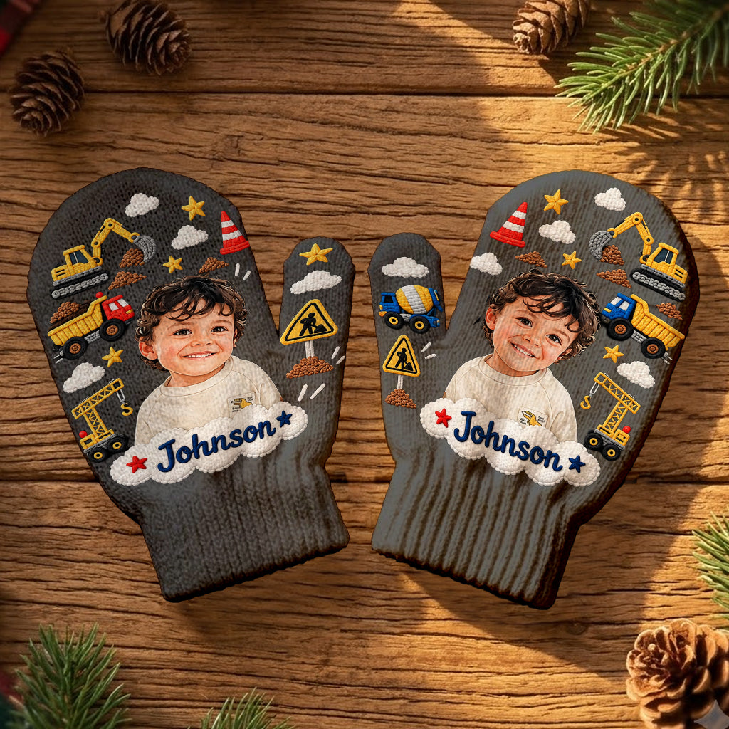 Kids Christmas Gloves, Custom Photo Embroidered Gloves with Name, Cute Winter Mittens, Unique Xmas Gift for Boys and Girls - Personalized Kid Knitted Mittens