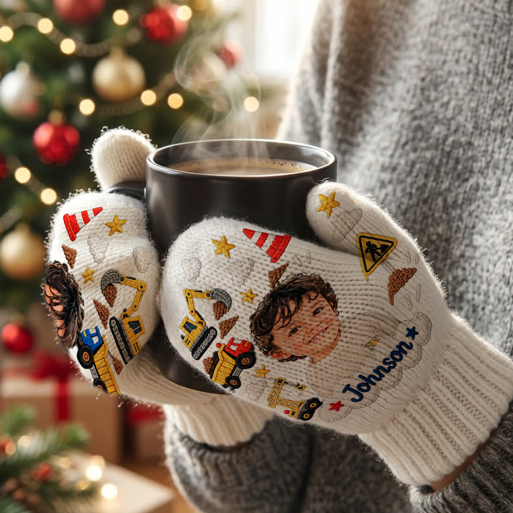 Kids Christmas Gloves, Custom Photo Embroidered Gloves with Name, Cute Winter Mittens, Unique Xmas Gift for Boys and Girls - Personalized Kid Knitted Mittens