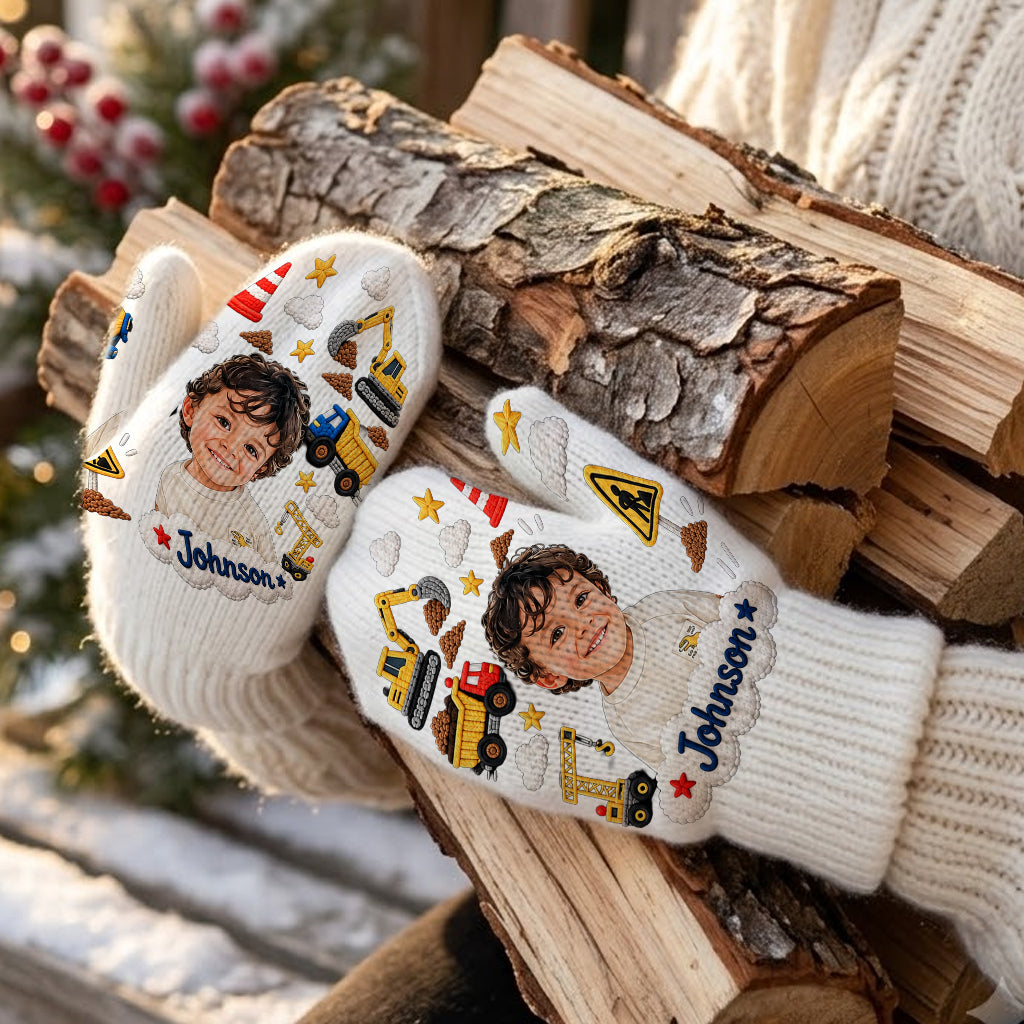 Kids Christmas Gloves, Custom Photo Embroidered Gloves with Name, Cute Winter Mittens, Unique Xmas Gift for Boys and Girls - Personalized Kid Knitted Mittens