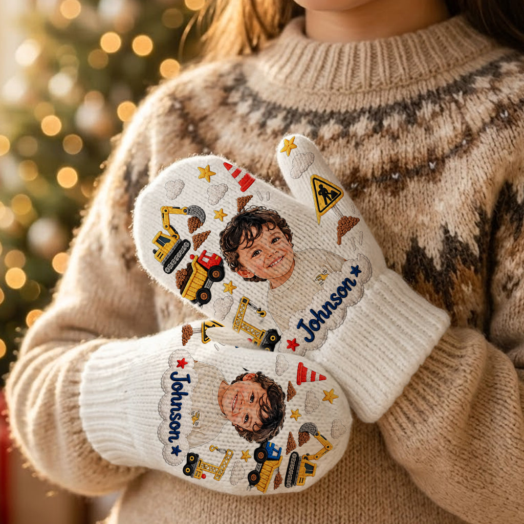 Kids Christmas Gloves, Custom Photo Embroidered Gloves with Name, Cute Winter Mittens, Unique Xmas Gift for Boys and Girls - Personalized Kid Knitted Mittens
