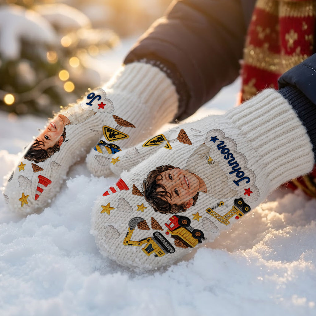 Kids Christmas Gloves, Custom Photo Embroidered Gloves with Name, Cute Winter Mittens, Unique Xmas Gift for Boys and Girls - Personalized Kid Knitted Mittens