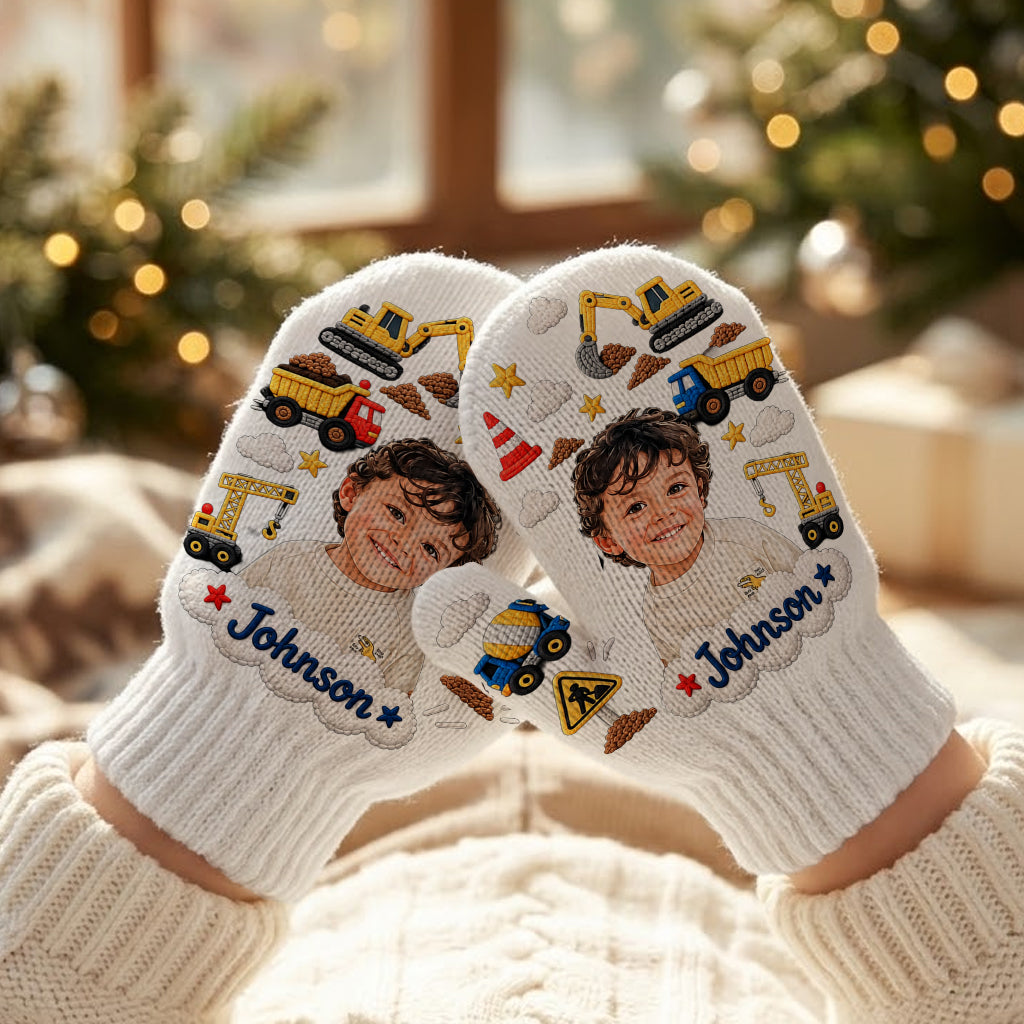 Kids Christmas Gloves, Custom Photo Embroidered Gloves with Name, Cute Winter Mittens, Unique Xmas Gift for Boys and Girls - Personalized Kid Knitted Mittens