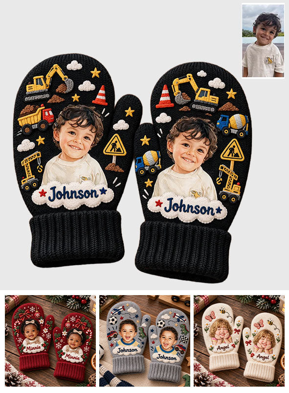 Kids Christmas Gloves, Custom Photo Embroidered Gloves with Name, Cute Winter Mittens, Unique Xmas Gift for Boys and Girls - Personalized Kid Knitted Mittens