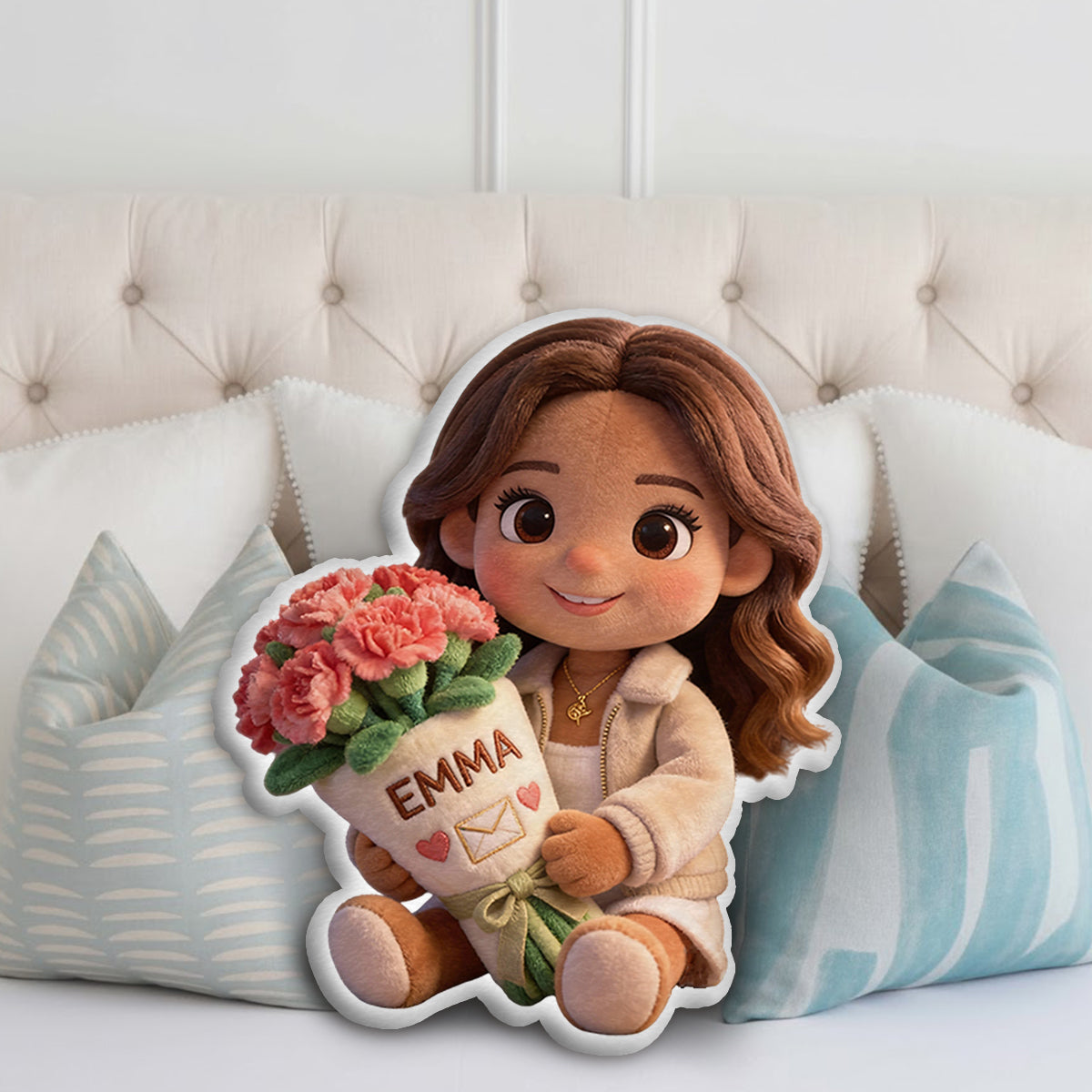 Geburtsblumen-Kissen mit Foto (individuell gestaltbar) – Selbstliebe-Kissen in Kunstfellform