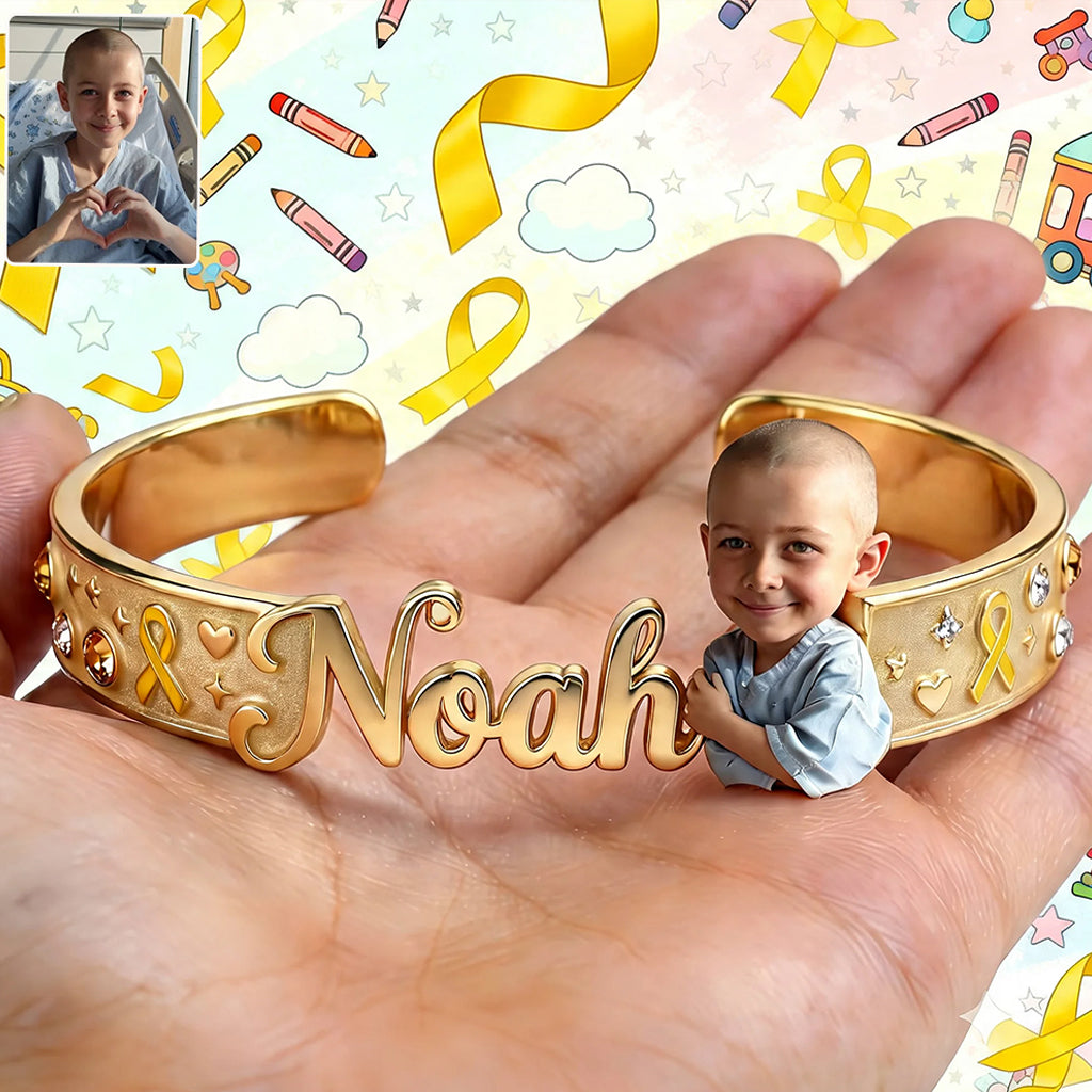 Childhood Cancer Awareness Cuff Bracelet With Photo - Personalized Childhood Cancer Awareness Shaped Cuff Bracelet