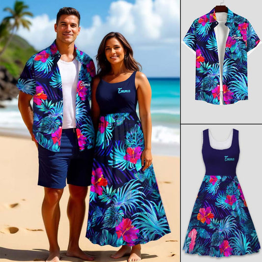 Tropical Leaf Hibiscus Flowers Matching Hawaii Beach Outfit For Co~es - Personalized Couple Hawaiian Shirt & Sleeveless Dress