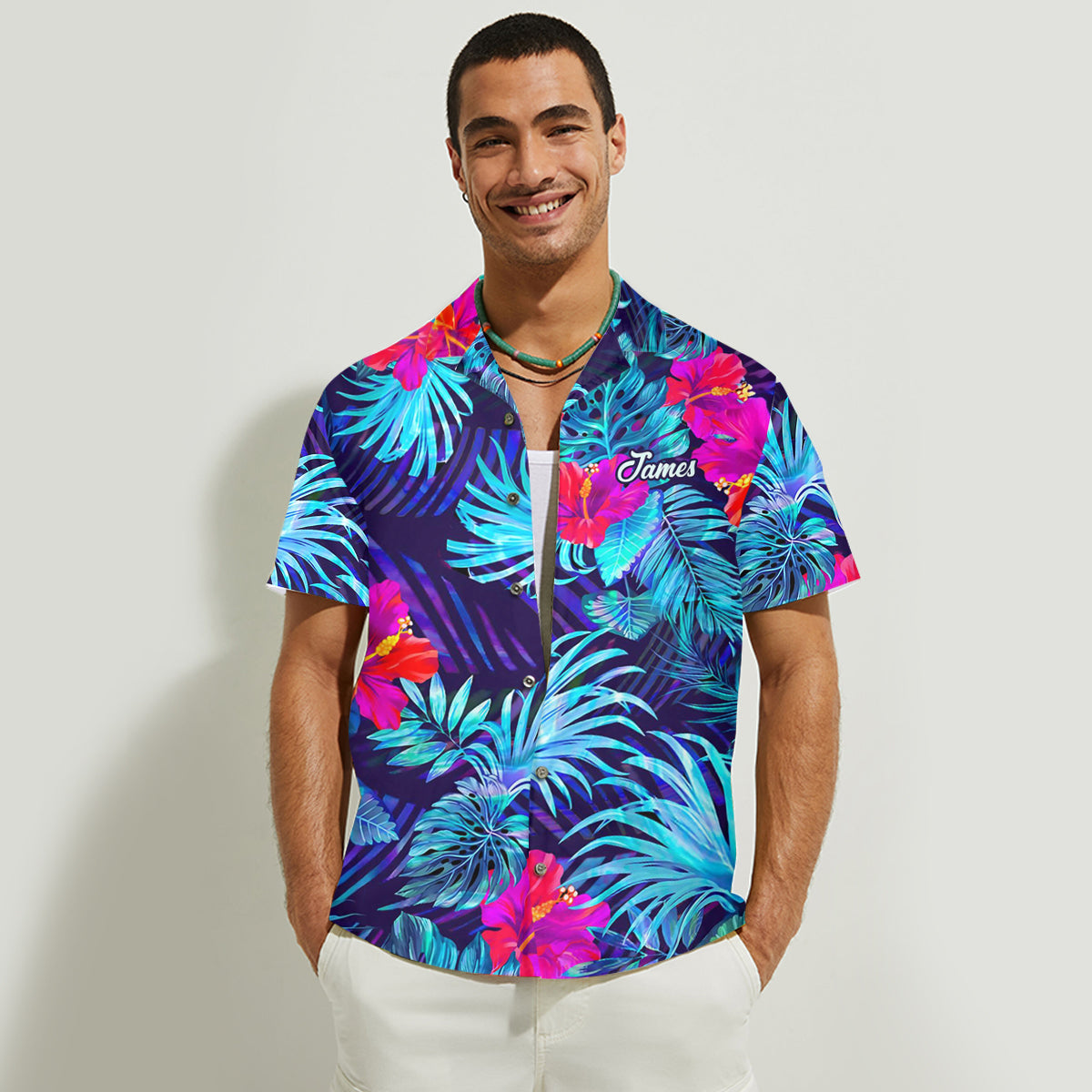 Tropical Leaf Hibiscus Flowers Matching Hawaii Beach Outfit For Co~es - Personalized Couple Hawaiian Shirt & Sleeveless Dress