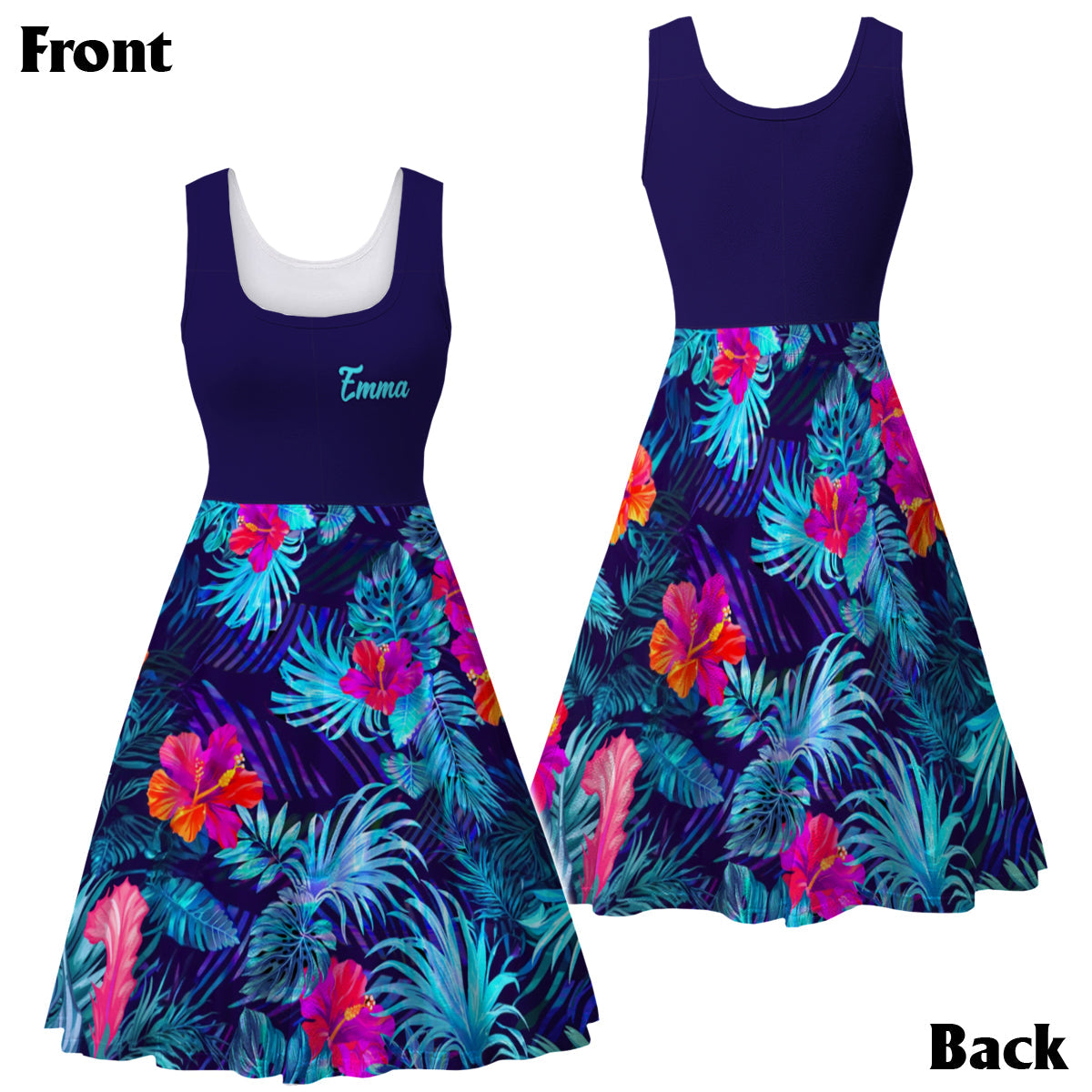 Tropical Leaf Hibiscus Flowers Matching Hawaii Beach Outfit For Co~es - Personalized Couple Hawaiian Shirt & Sleeveless Dress