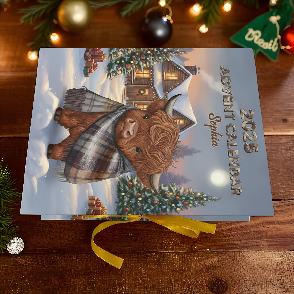 Highland Cow In Winter - Personalized Highland Cow Folded Advent Calendar With Ornaments