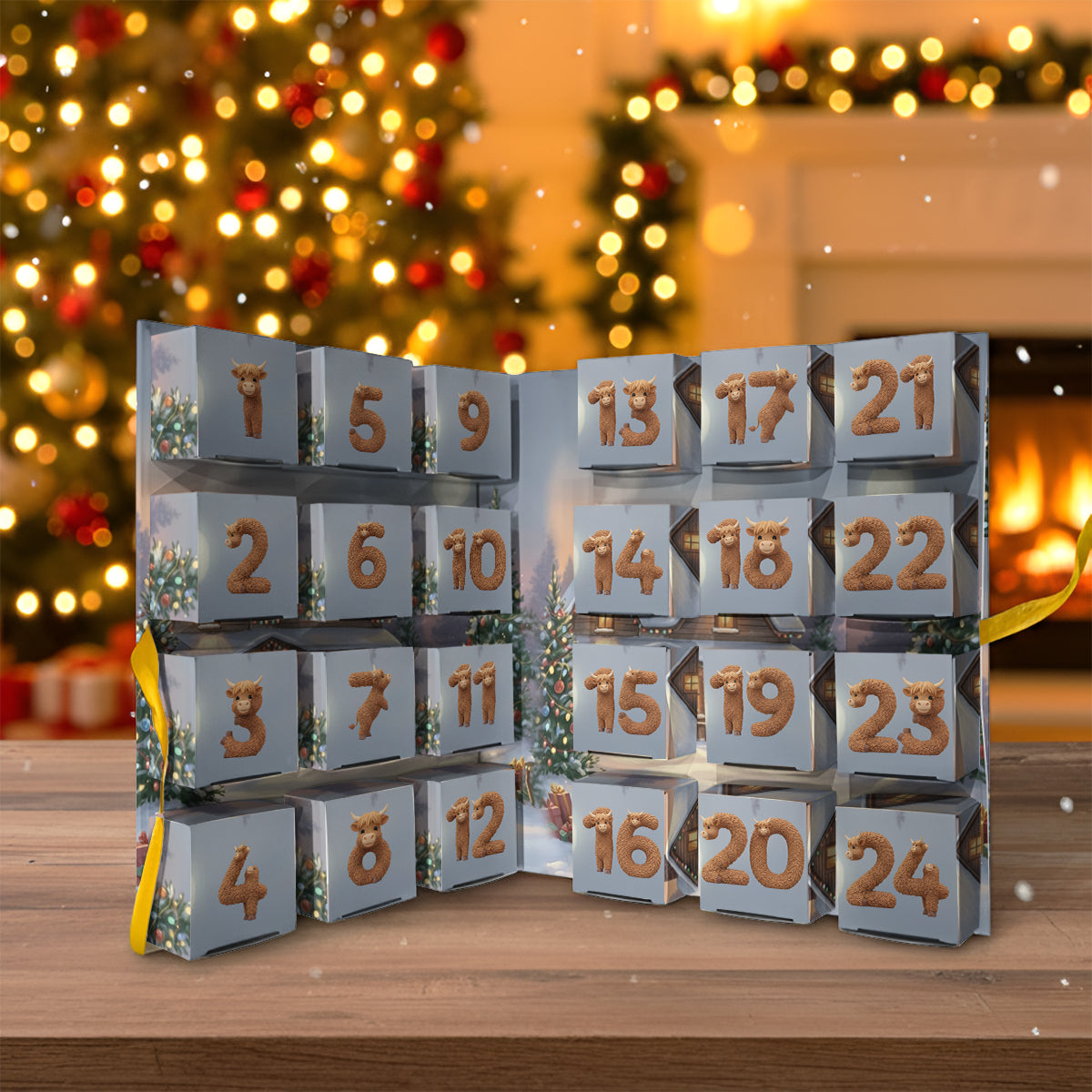 Highland Cow In Winter - Personalized Highland Cow Folded Advent Calendar With Ornaments