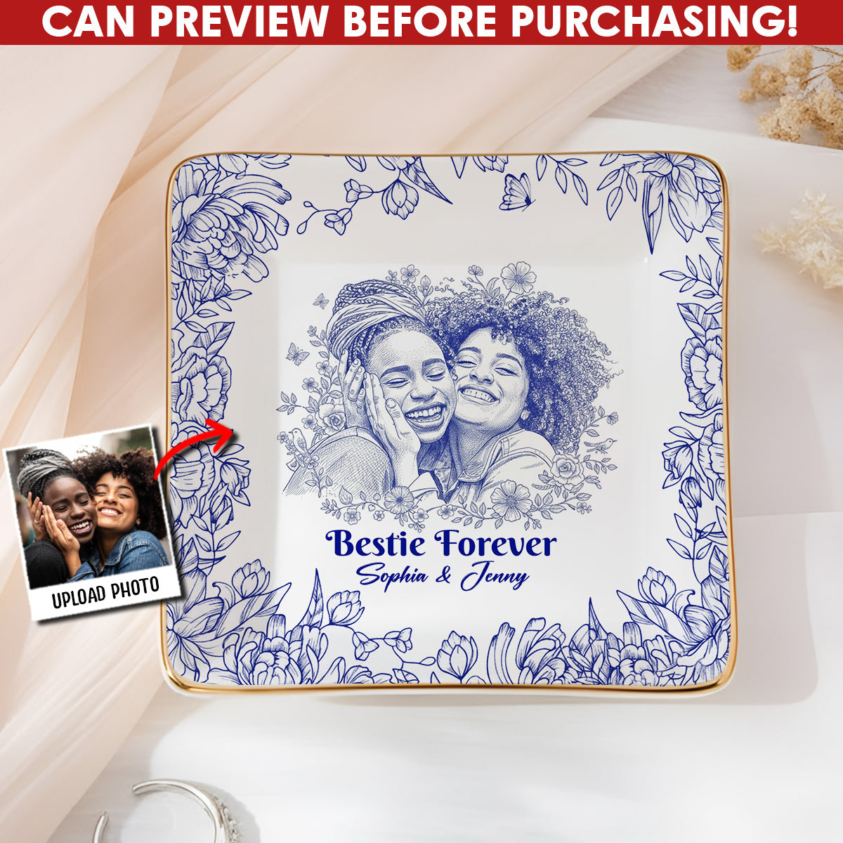 Toile De Jouy Besties Flower - Personalized Bestie Fully Printed Jewelry Dish