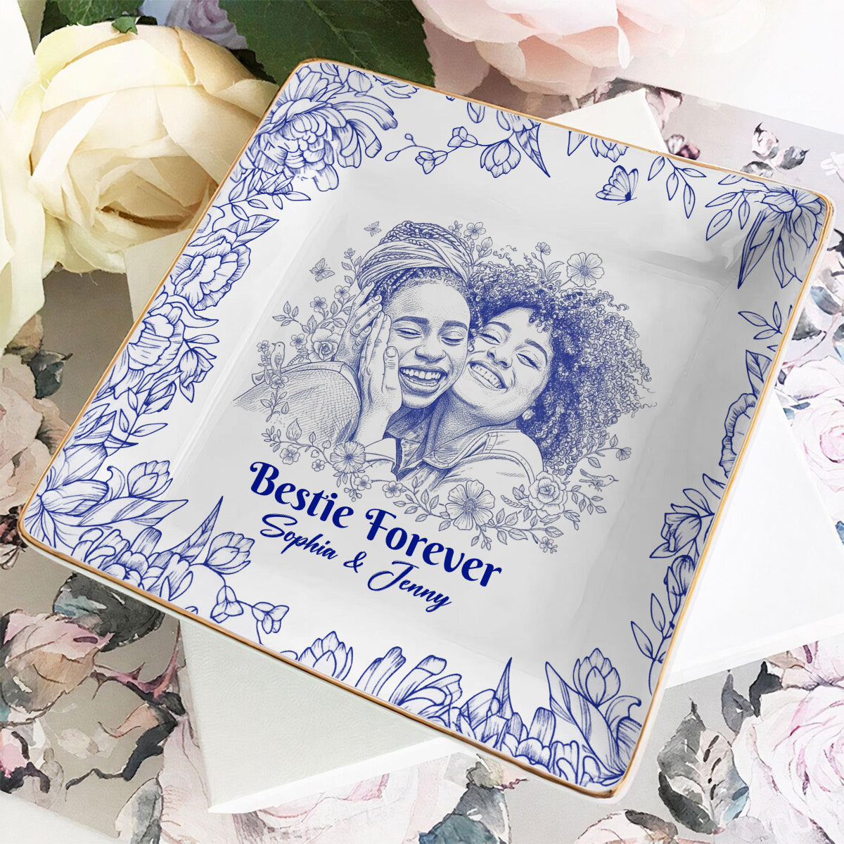 Toile De Jouy Besties Flower - Personalized Bestie Fully Printed Jewelry Dish