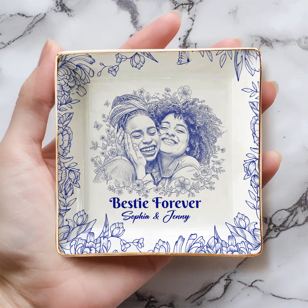 Toile De Jouy Besties Flower - Personalized Bestie Fully Printed Jewelry Dish
