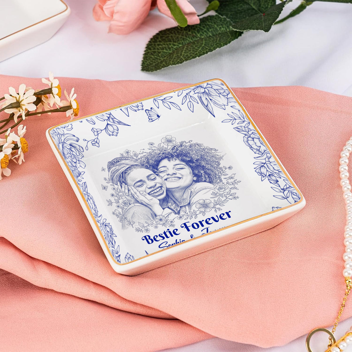 Toile De Jouy Besties Flower - Personalized Bestie Fully Printed Jewelry Dish