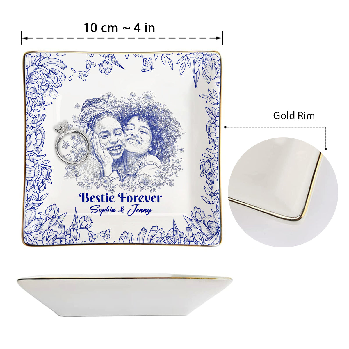 Toile De Jouy Besties Flower - Personalized Bestie Fully Printed Jewelry Dish
