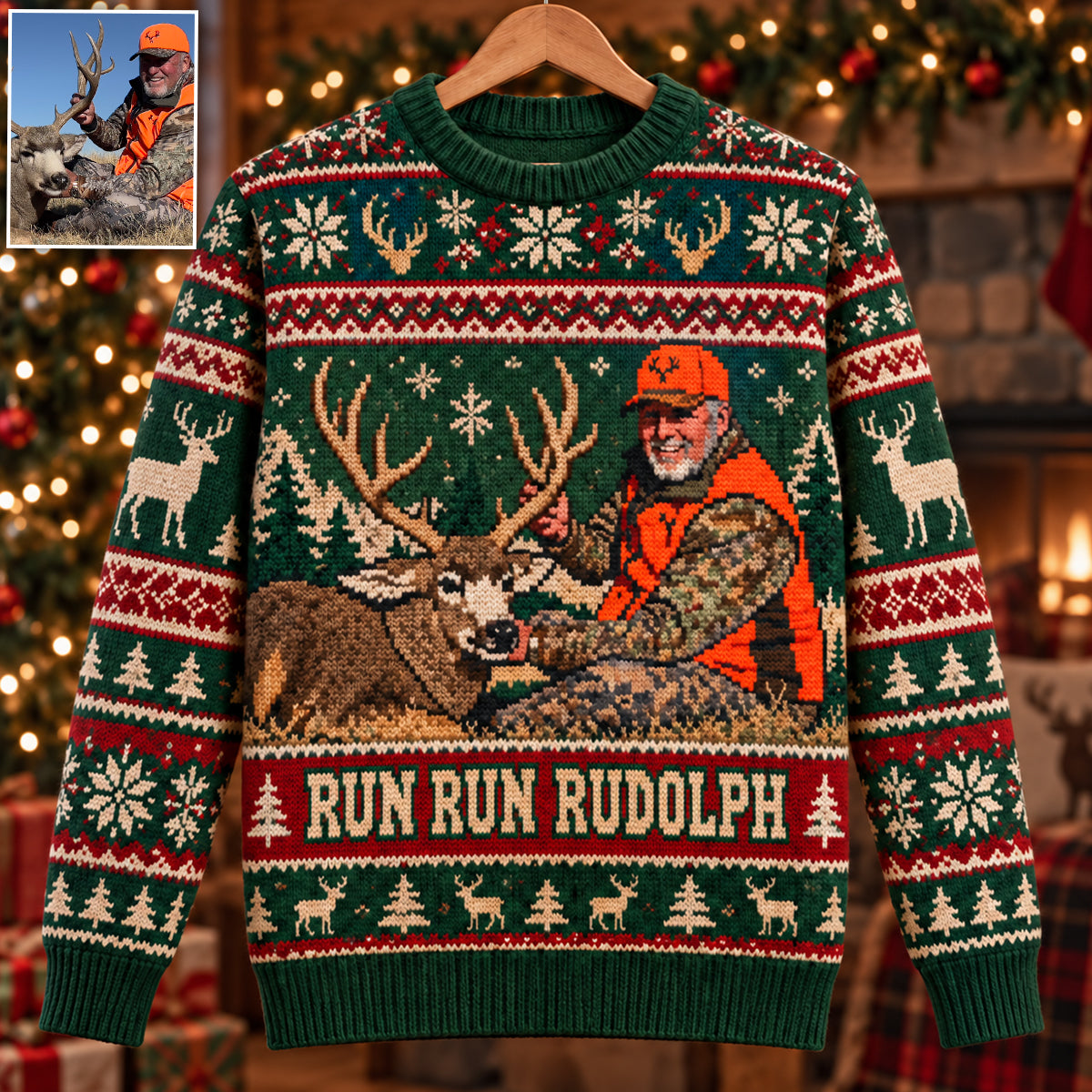 Run Run Rudolph Custom Photo - Personalized Hunting Ugly Sweater