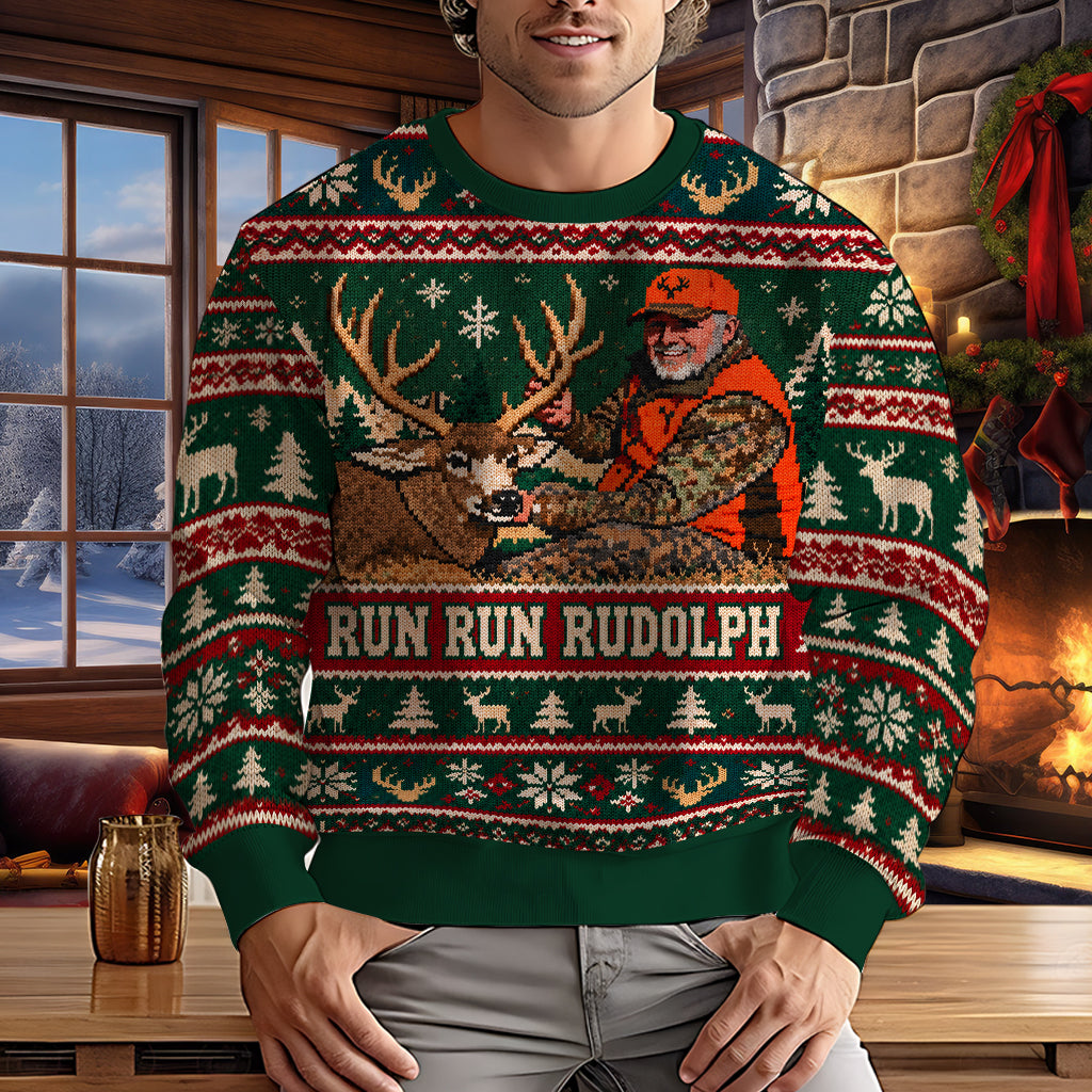 Run Run Rudolph Custom Photo - Personalized Hunting Ugly Sweater