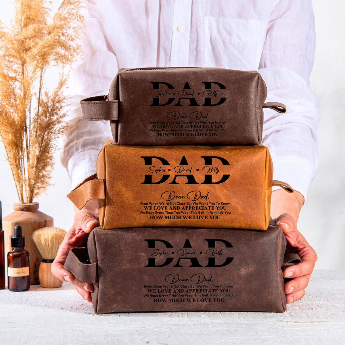 We Love You Dad - Personalized Father Leather Toiletry Bag