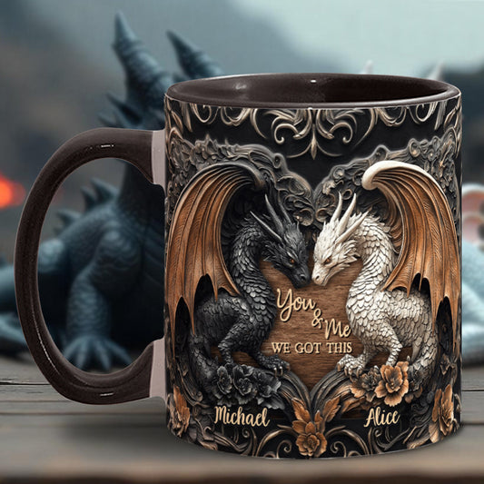 „Du und ich, wir schaffen das“ – personalisierte Tasse mit Drachenmotiv