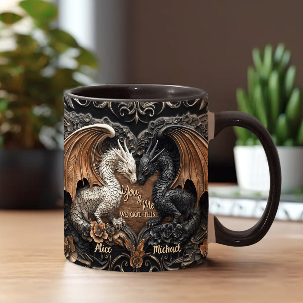 „Du und ich, wir schaffen das“ – personalisierte Tasse mit Drachenmotiv