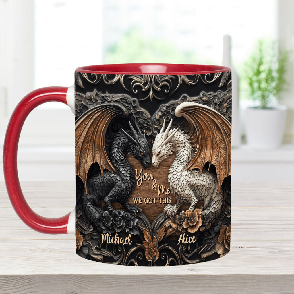 „Du und ich, wir schaffen das“ – personalisierte Tasse mit Drachenmotiv