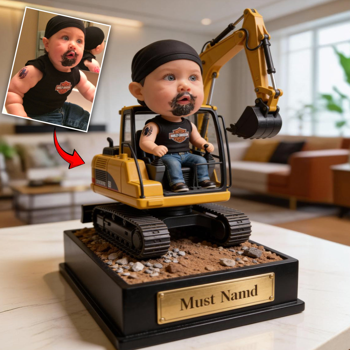 Bagger-Traktor, Baustellenmotiv – personalisierte Acrylplakette in Sonderform