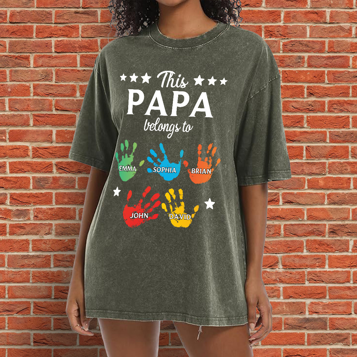 This Papa Belongs To Hands Prints - Personalized Grandpa Wash T-Shirt