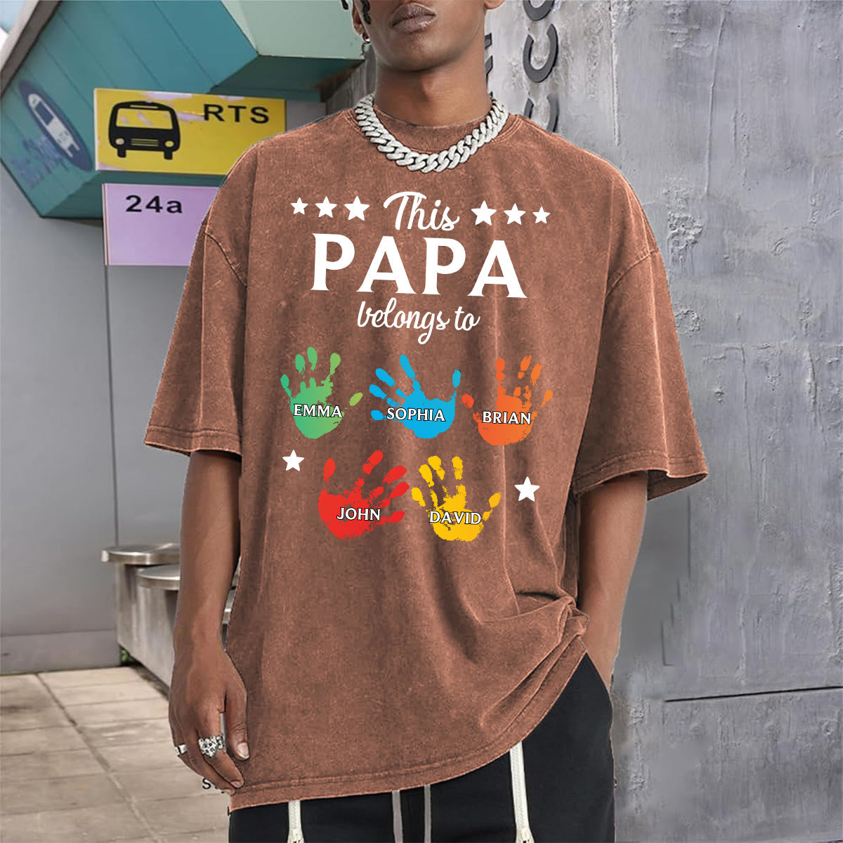 This Papa Belongs To Hands Prints - Personalized Grandpa Wash T-Shirt