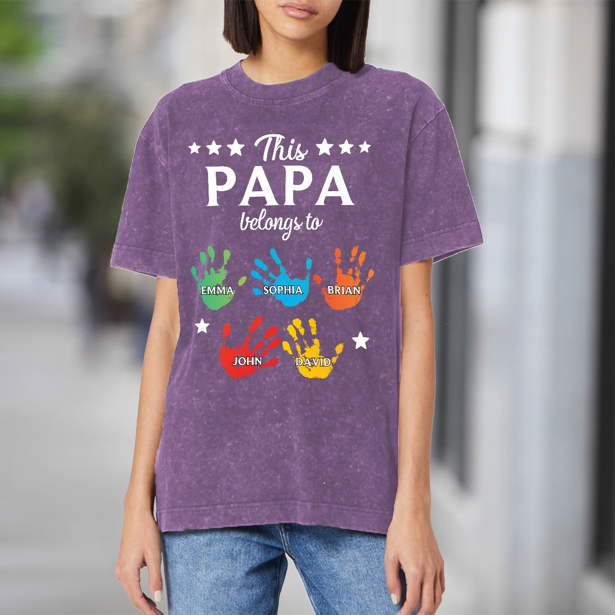 This Papa Belongs To Hands Prints - Personalized Grandpa Wash T-Shirt