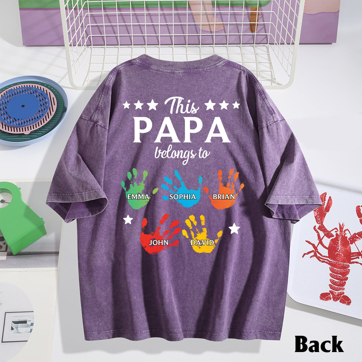 This Papa Belongs To Hands Prints - Personalized Grandpa Wash T-Shirt