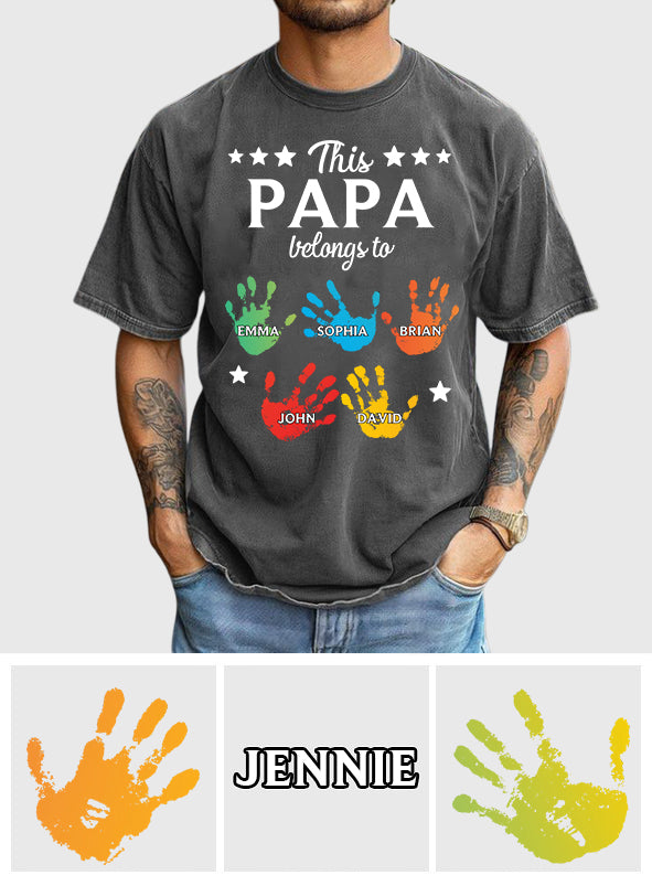 This Papa Belongs To Hands Prints - Personalized Grandpa Wash T-Shirt