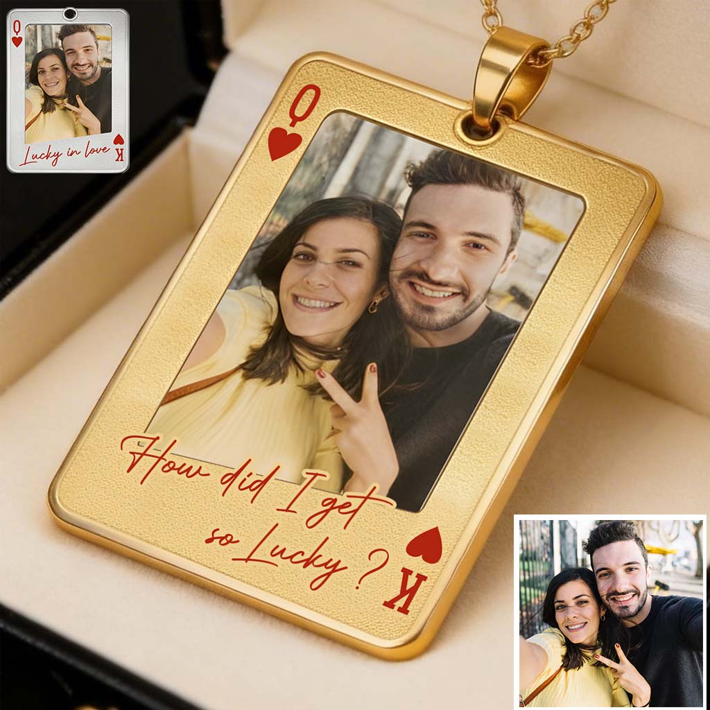 Carte à jouer personnalisée avec photo - Collier pendentif en métal personnalisé en forme de couple