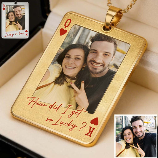 Custom Photo Playing Card - Personalized Couple Shaped Metal Pendant Necklace