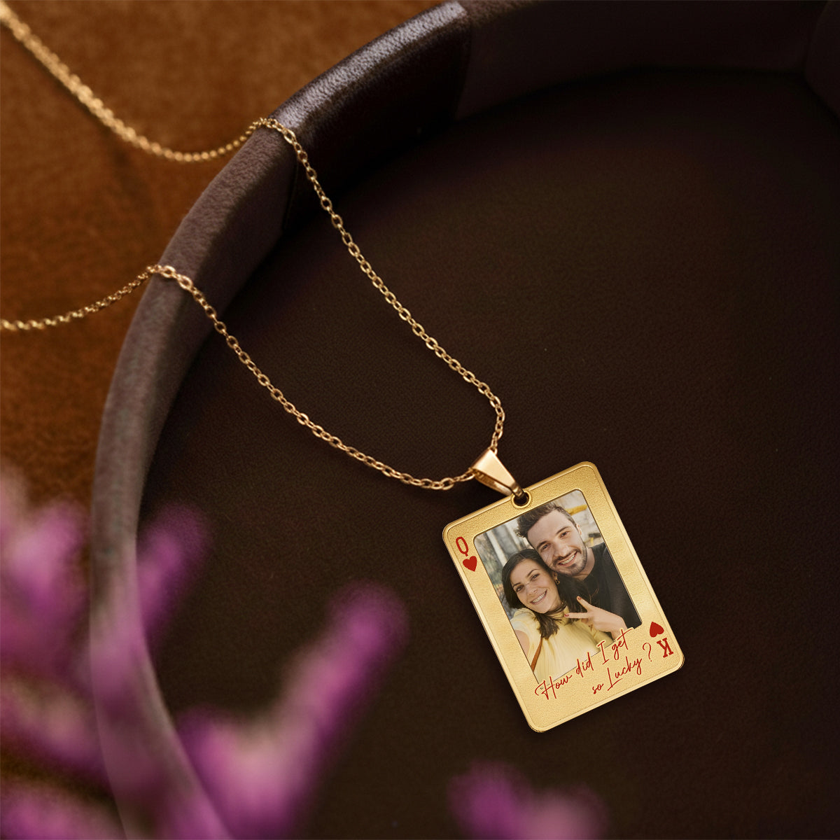 Carte à jouer personnalisée avec photo - Collier pendentif en métal personnalisé en forme de couple