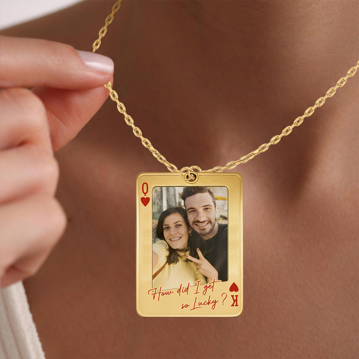 Carte à jouer personnalisée avec photo - Collier pendentif en métal personnalisé en forme de couple