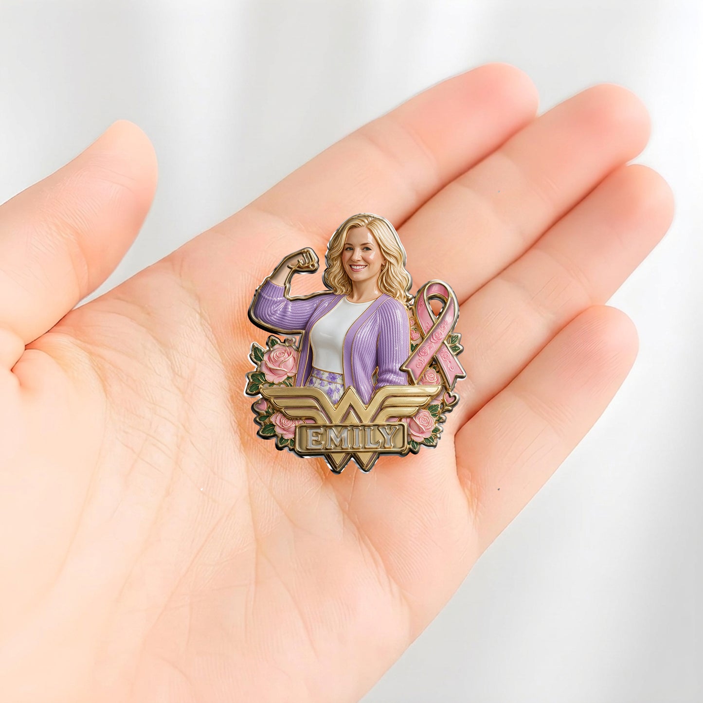 In This Fight, No One Stands Alone - Personalized Breast Cancer Awareness 3D Embossed Enamel Pin