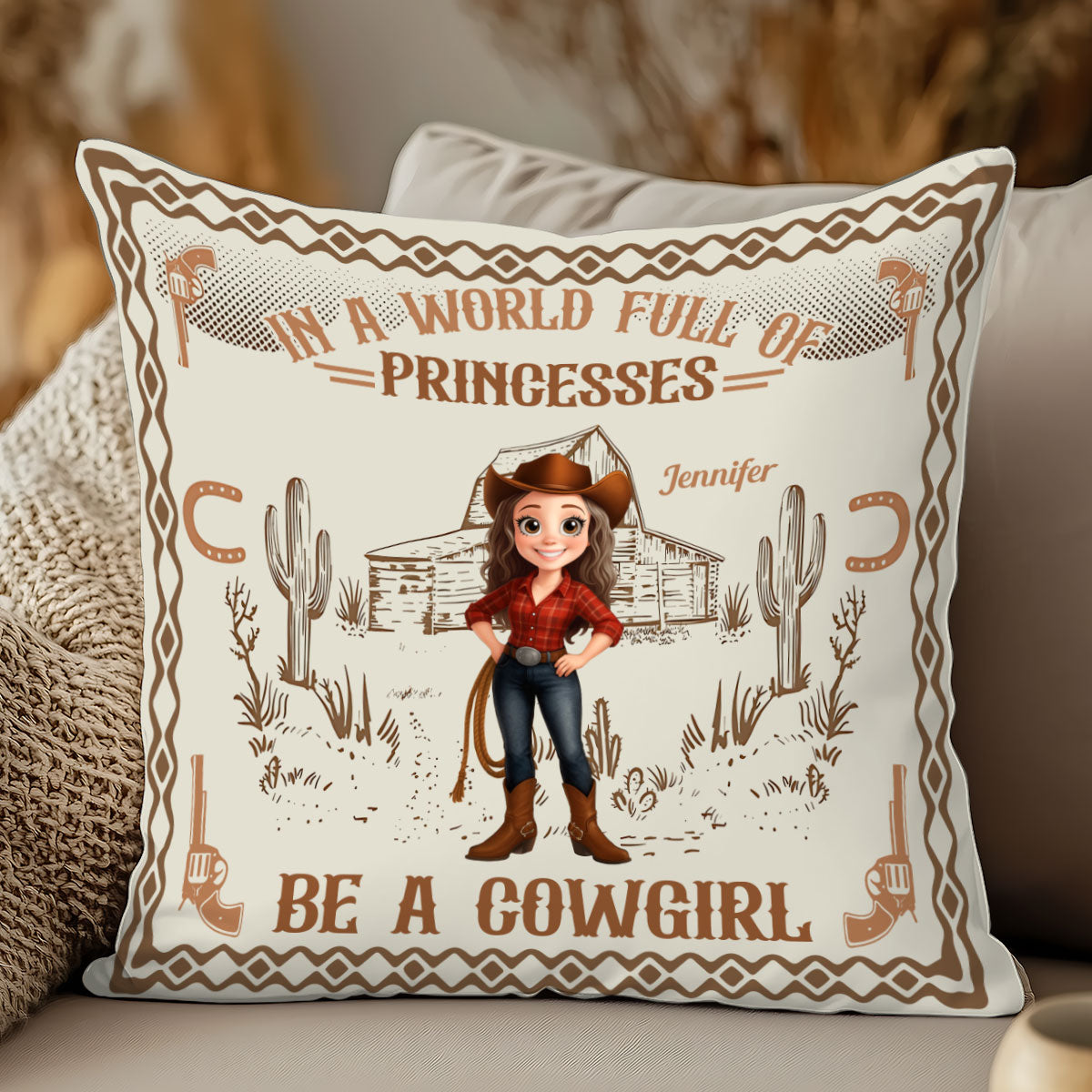 Dans un monde de princesses, sois une cowgirl ! - Coussin décoratif personnalisé cowgirl