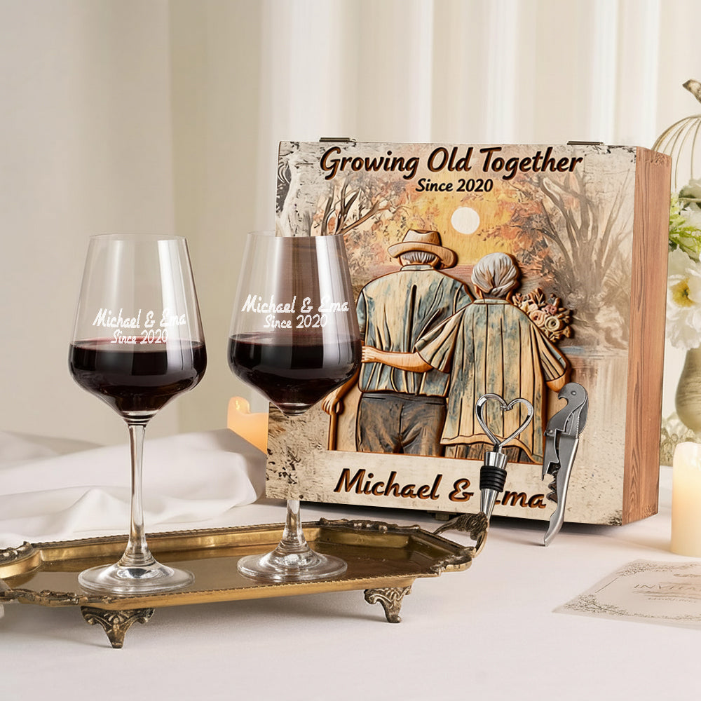 Growing Old Together - Personalized Couple Wine Glasses Set With Wooden Box