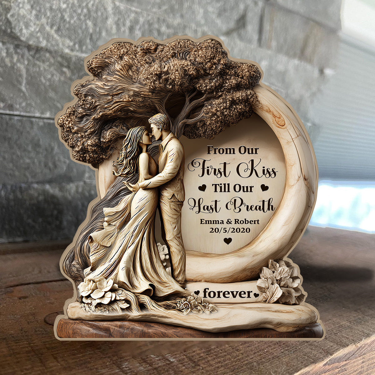 From Our First Kiss Till Our Last Breath - Personalized Couple Custom Shaped Wood Plaque