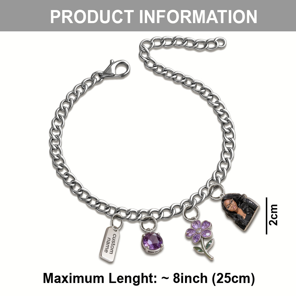 Custom Any Birthmonth Flower & Birthstone From Any Photo - Personalized Birth Month Flower Bracelet With Charms