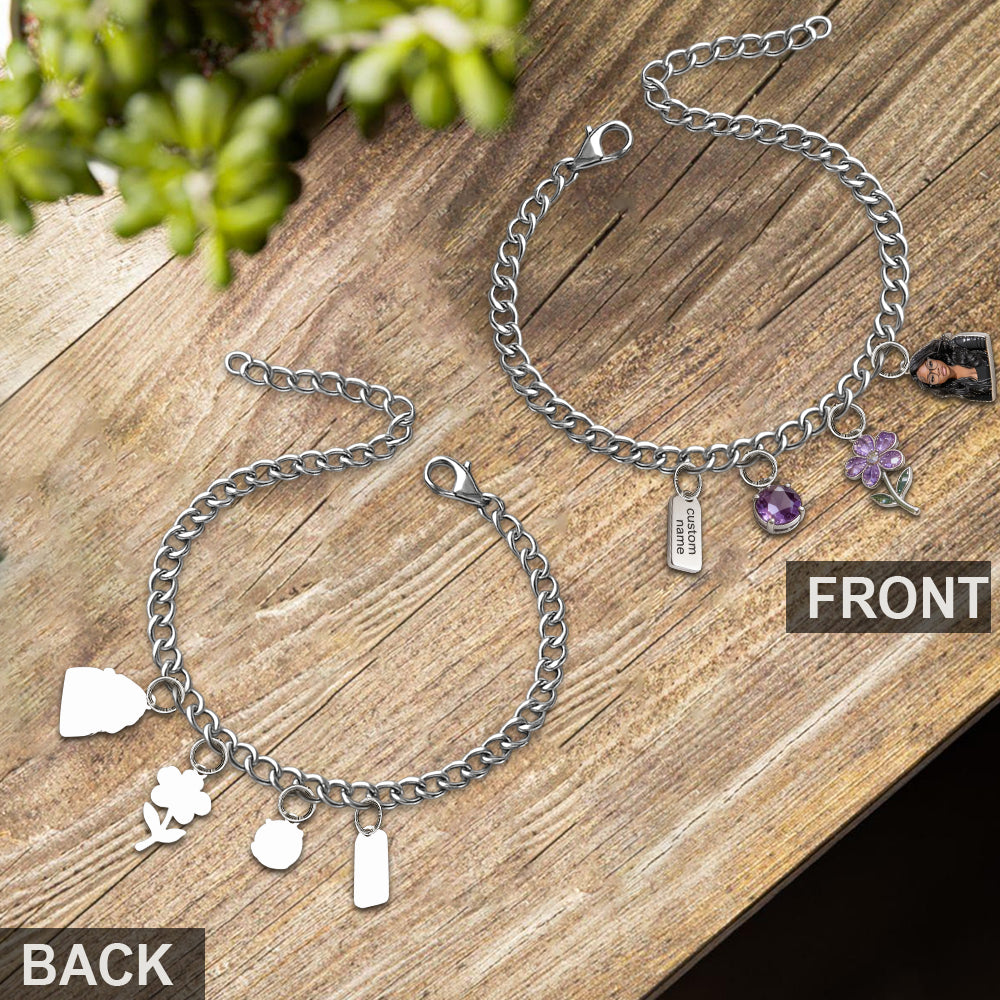 Custom Any Birthmonth Flower & Birthstone From Any Photo - Personalized Birth Month Flower Bracelet With Charms