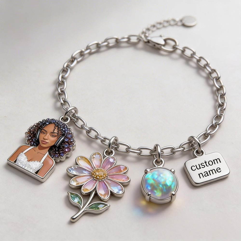 Custom Any Birthmonth Flower & Birthstone From Any Photo - Personalized Birth Month Flower Bracelet With Charms