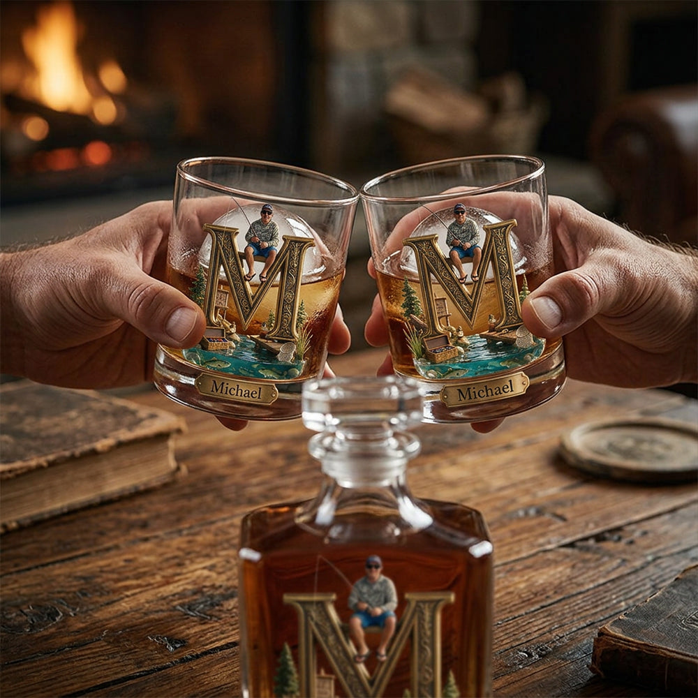 Custom Initial Gift For Fishing Lover - Personalized Fishing Whiskey Decanter Set