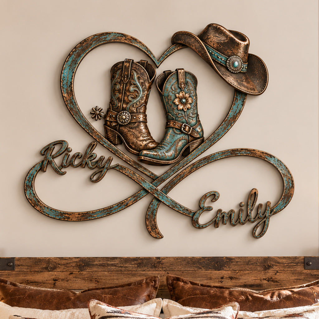 Cowboy & Cowgirl Paar Schlafzimmer Dekor, Bauernhaus Dekor - Personalisierte Western 3D Gedruckte Metalltafel