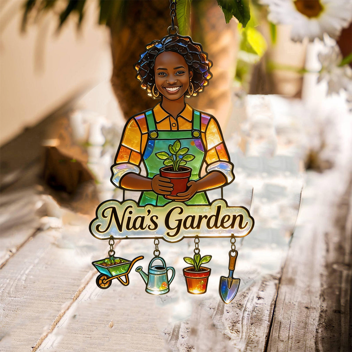 Custom Any Photo - Personalized Gardening Window Hanging Suncatcher With Charms