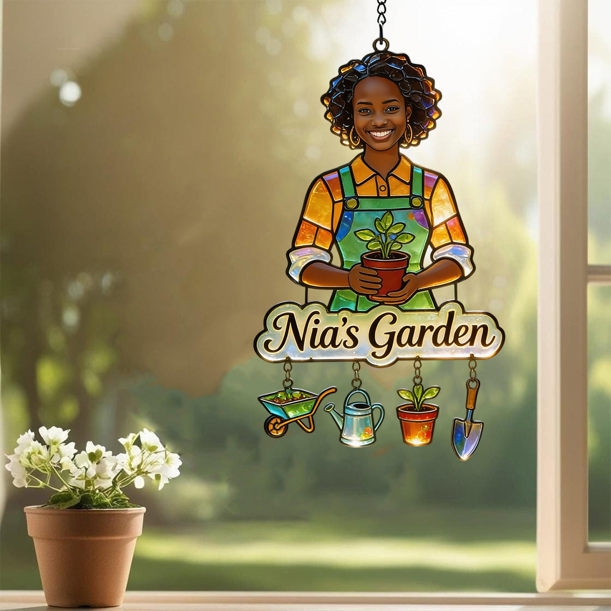 Custom Any Photo - Personalized Gardening Window Hanging Suncatcher With Charms