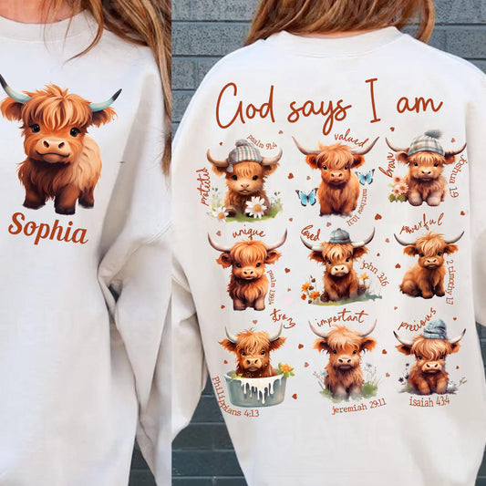 God Says I Am - Personalized Highland Cow All Over Shirt