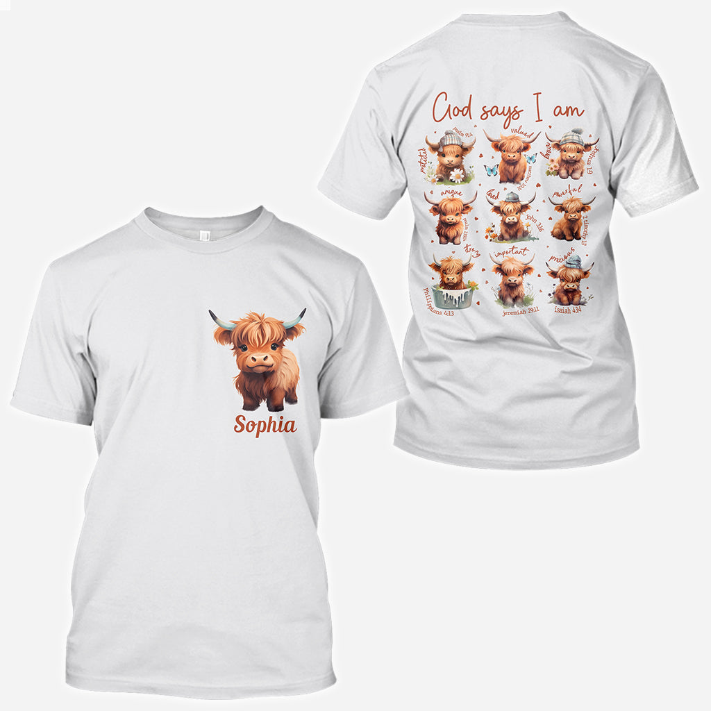 Gott sagt, ich bin es – Personalisiertes T-Shirt mit Hochlandrind-Motiv