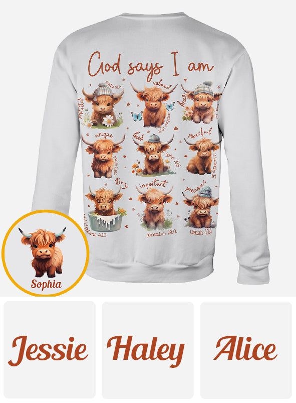 Gott sagt, ich bin es – Personalisiertes T-Shirt mit Hochlandrind-Motiv